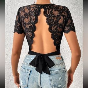 Boho Sheer Mesh Floral Lace Open Back Cropped Tie Top